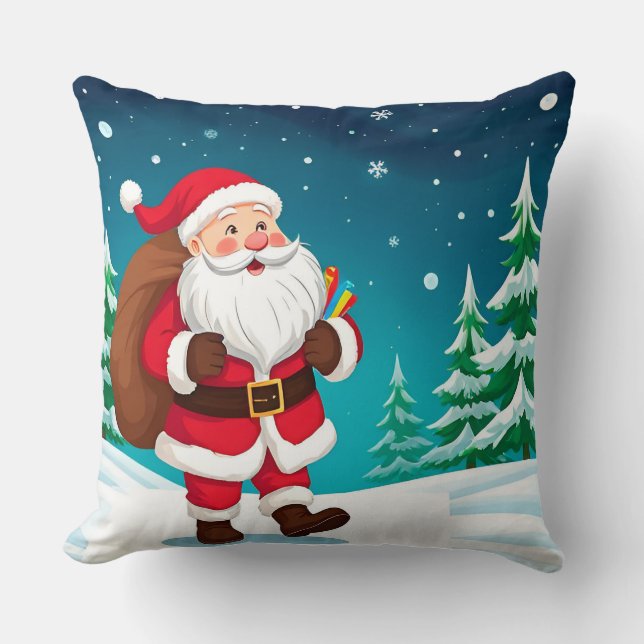 Santa Claus Walking Joyfully in a Snowy Winter Cushion (Front)