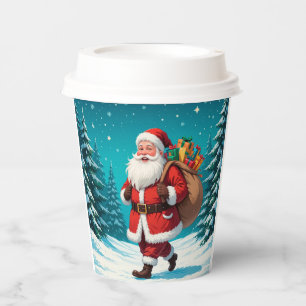 Santa Claus Walking Joyfully in a Snowy Winter Paper Cups