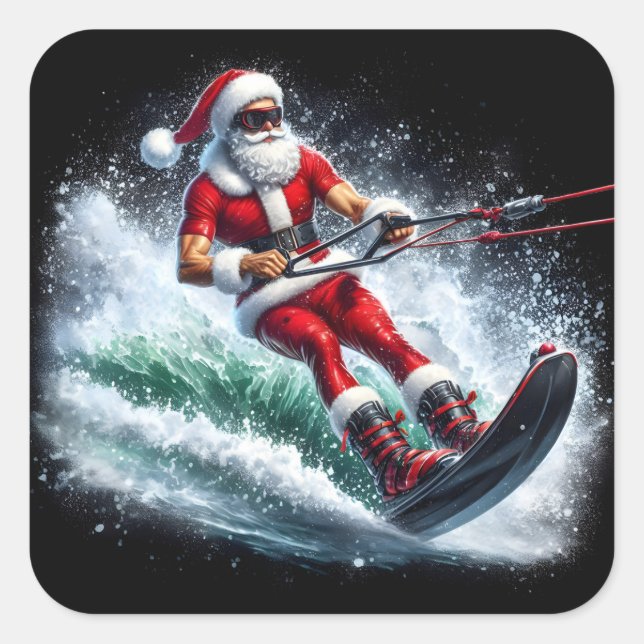 Santa Claus Water Skiing in a Festive Winter Scene Square Sticker (Front)