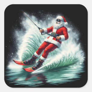 Santa Claus Water Skiing on a Festive Winter Day Square Sticker