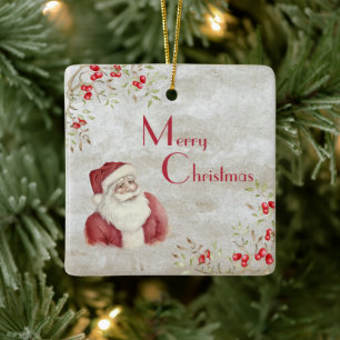 Santa Claus Watercolor Winter Berries Red Vintage Ceramic Ornament