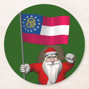 Santa Claus Waving Flag Of Georgia Round Paper Coaster