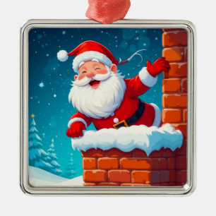 Santa Claus Waving Joyfully in Chimney Metal Ornament