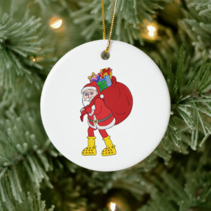 Santa Claus Wearing Big Yellow Boots Ceramic Ornament