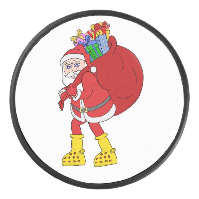 Santa Claus Wearing Big Yellow Boots Hockey Puck (Front)