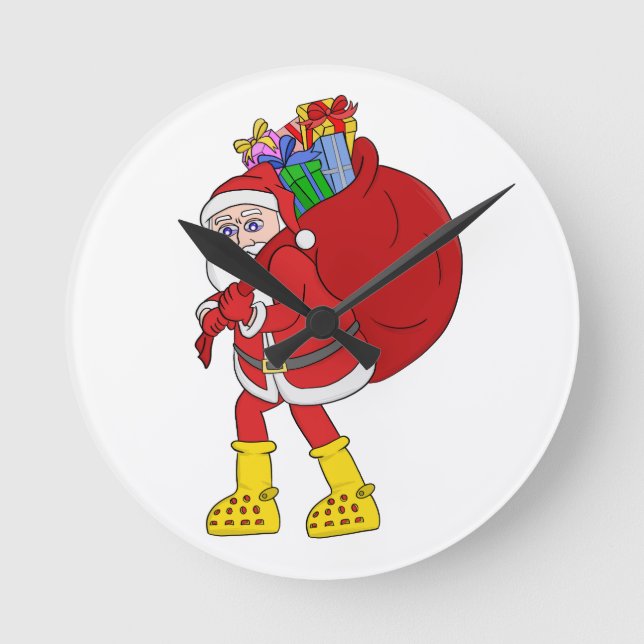 Santa Claus Wearing Big Yellow Boots Round Clock (Front)