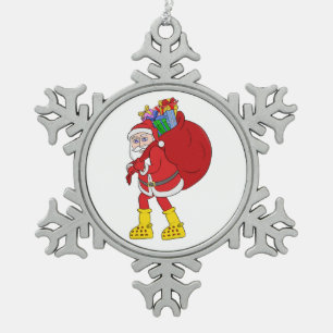 Santa Claus Wearing Big Yellow Boots Snowflake Pewter Christmas Ornament