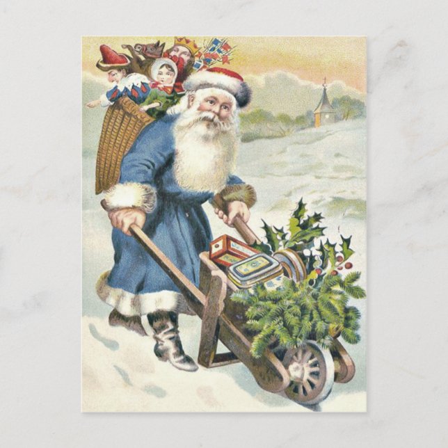 Santa Claus Wheelbarrow Evergreen Toys Candy Holiday Postcard (Front)