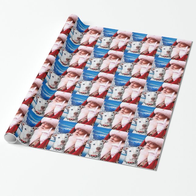 Santa Claus & White Pitbull Terrier Dog Wrapping Paper (Unrolled)