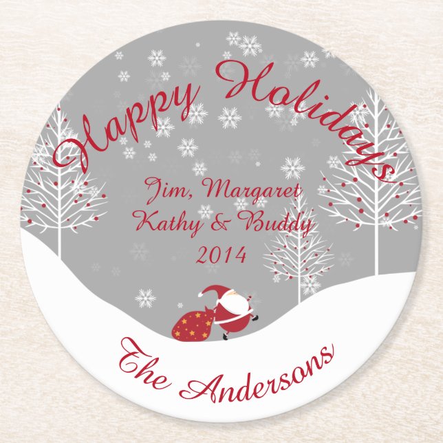 Santa Claus White Trees Red Ornaments Snow Coaster (Front)