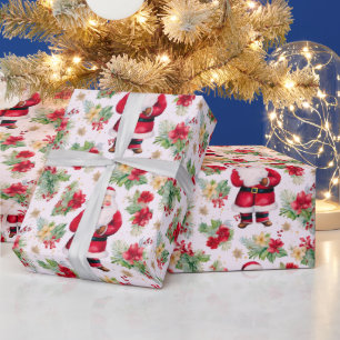 Santa Claus Winter Berries Modern Christmas Wrapping Paper