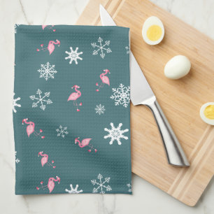 Santa Claus Winter Flamingoes & Snowflakes Tea Towel