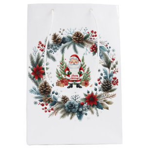 Santa Claus Winter Wreath Happy Holidays Medium Gift Bag