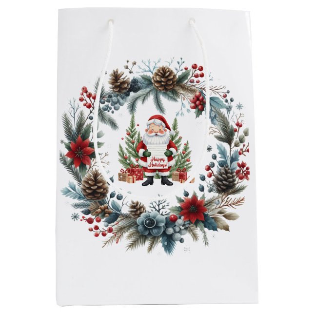 Santa Claus Winter Wreath Happy Holidays Medium Gift Bag (Front)