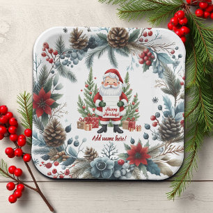 Santa Claus Winter Wreath Happy Holidays Paper Plate