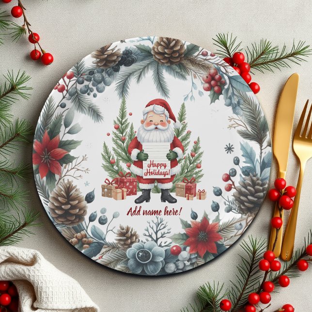 Santa Claus Winter Wreath Happy Holidays Paper Plate (Creator Uploaded)