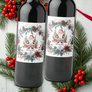 Santa Claus Winter Wreath Happy Holidays Wine Label
