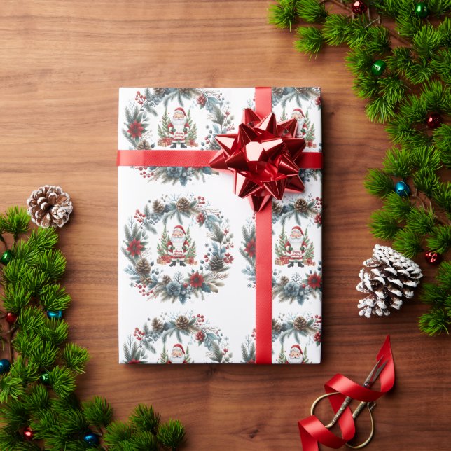 Santa Claus Winter Wreath Happy Holidays Wrapping Paper (Holiday Gift)