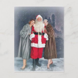 Santa Claus With 1950s Girls Holiday Postcard