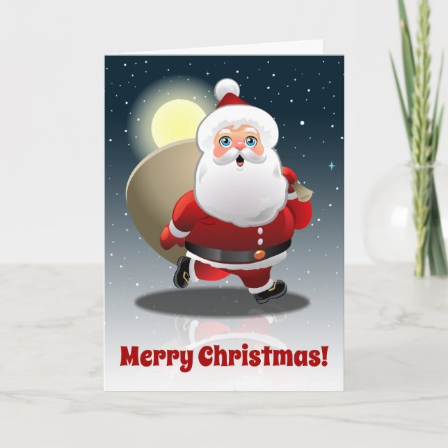 Santa Claus With A Sack Full Of Gifts Cartoon Holiday Card (Front)