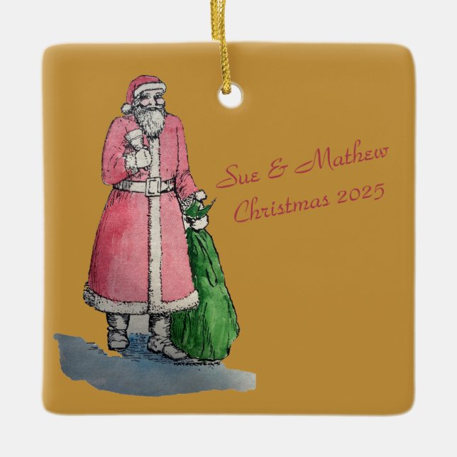 Santa Claus with a Sack of Gifts Ceramic Ornament (Front)