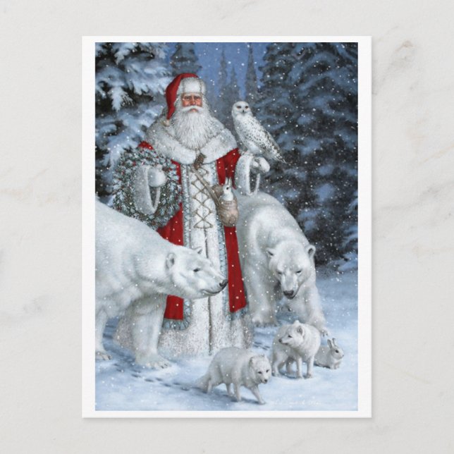 Santa Claus With An Owl And Polar Bears Holiday Postcard (Front)
