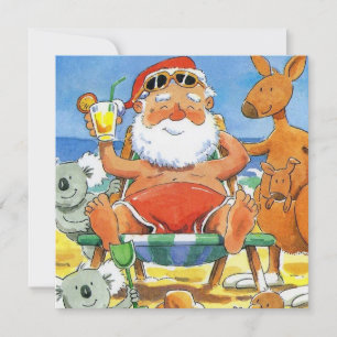 Santa Claus with animals friends on the beach Holiday Card