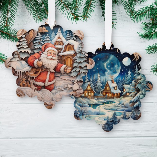 Santa Claus with bag on winter village night Tree Decoration Card (Creator Uploaded)
