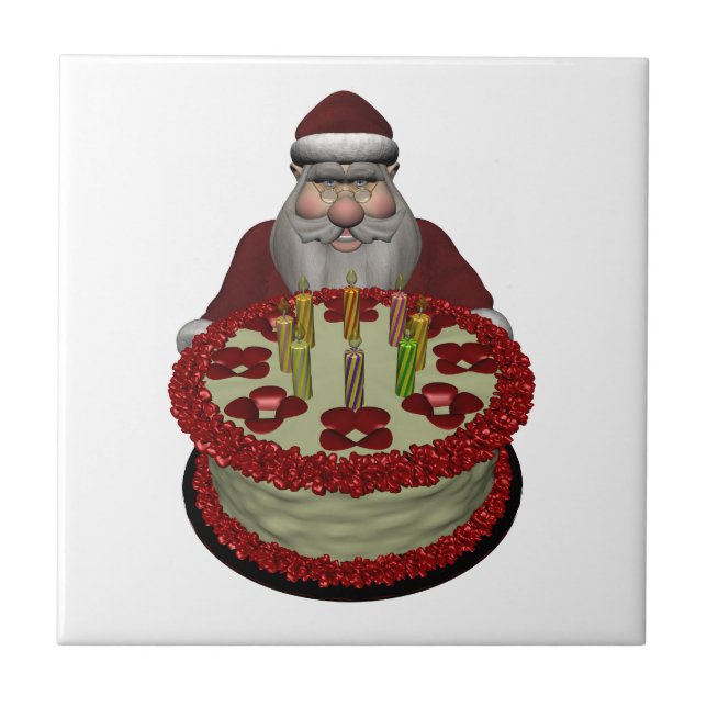 Santa Claus With Birthday Cake Ceramic Tile (Front)