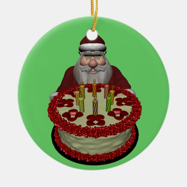 Santa Claus With Birthday Cake Ceramic Tree Decoration (Front)