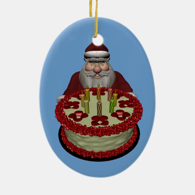 Santa Claus With Birthday Cake Ceramic Tree Decoration (Back)