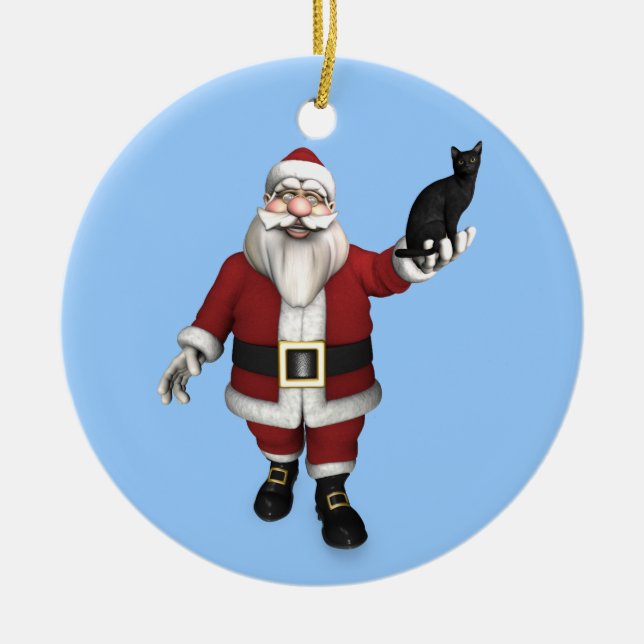 Santa Claus With Black Cat Ceramic Ornament (Front)