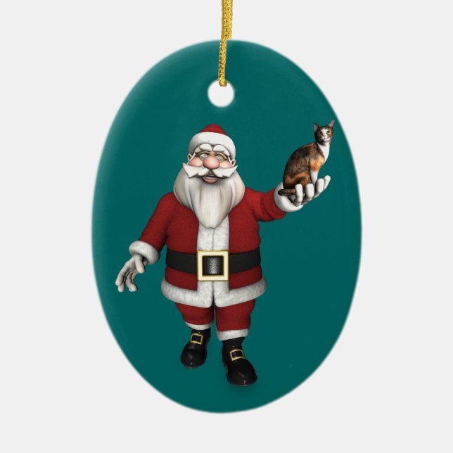 Santa Claus With Calico Cat Ceramic Ornament (Front)