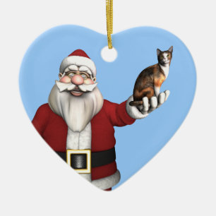 Santa Claus With Calico Cat Ceramic Ornament