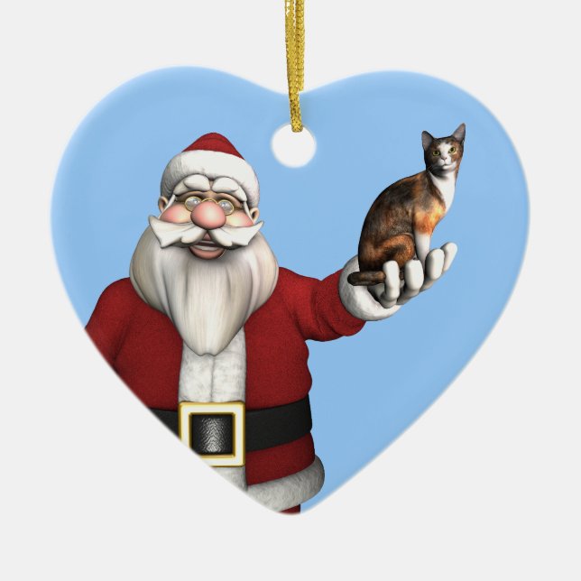 Santa Claus With Calico Cat Ceramic Ornament (Front)