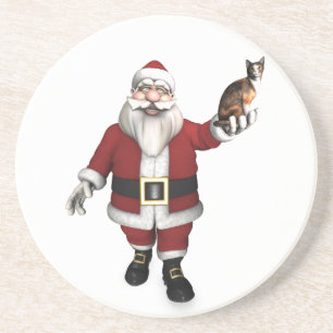 Santa Claus With Calico Cat Coaster