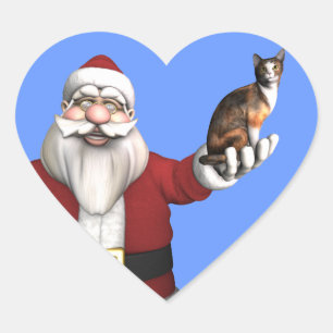 Santa Claus With Calico Cat Heart Sticker