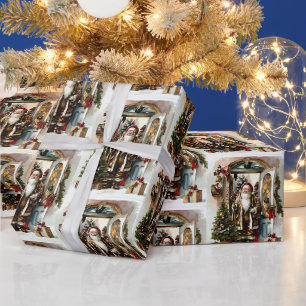 Santa Claus with Christmas Presents at the Door  Wrapping Paper