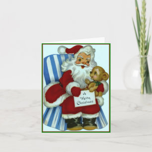 Santa Claus with Christmas Teddy Bear - Vintage Holiday Card