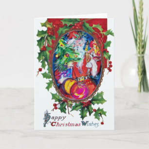 SANTA CLAUS WITH CHRISTMAS TREE AND GIFTS HOLIDAY CARD