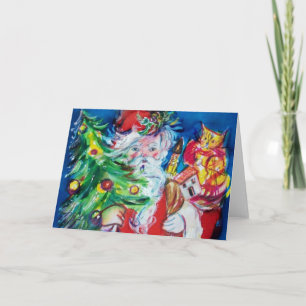 SANTA  CLAUS WITH CHRISTMAS TREE AND GIFTS HOLIDAY CARD