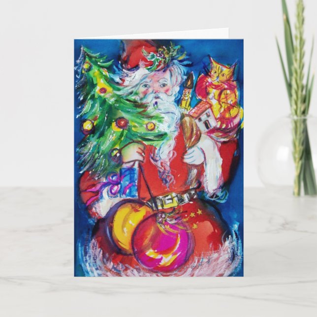 SANTA  CLAUS WITH CHRISTMAS TREE AND GIFTS HOLIDAY CARD (Front)