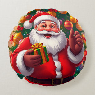 Santa Claus with Christmas Tree and Gifts Round Cushion