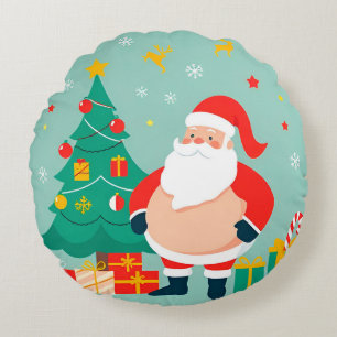 Santa Claus with Christmas Tree and Gifts Round Cushion