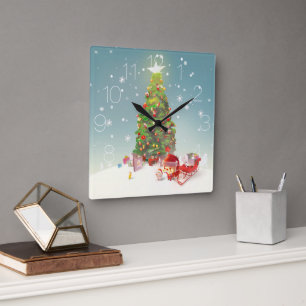 Santa Claus with Christmas Tree Square Wall Clock