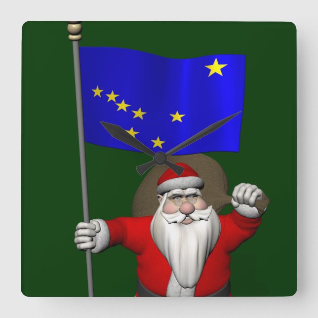 Santa Claus With Ensign Of Alaska Square Wall Clock (Front)