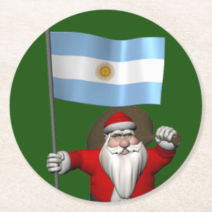 Santa Claus With Ensign Of Argentina Round Paper Coaster