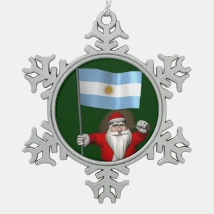 Santa Claus With Ensign Of Argentina Snowflake Pewter Christmas Ornament