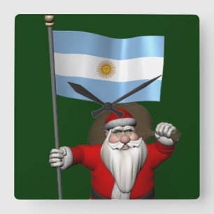 Santa Claus With Ensign Of Argentina Square Wall Clock