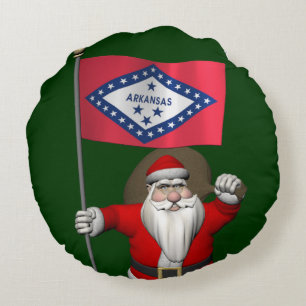 Santa Claus With Ensign Of Arkansas Round Cushion